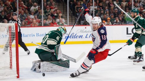 Cam Atkinson celebrates scoring a goal against the Minnesota Wild on New Year's Eve