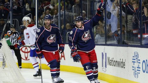 Cam Atkinson celebrates after scoring the first goal of the game on the power play.