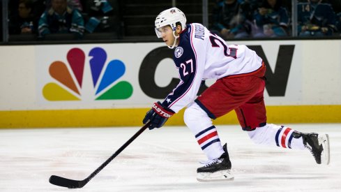 Ryan Murray skating the puck up the ice on the transition