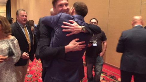 Nick Foligno and Sergei Bobrovsky embrace after Foligno's win