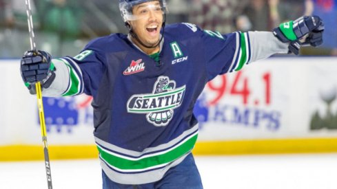 Keegan Kolesar celebrates a goal.