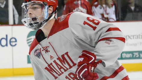 Columbus, Ohio's Carson Meyer skating pre-game.