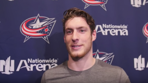 Pierre-Luc Dubois talks to the media after the first day of development camp.