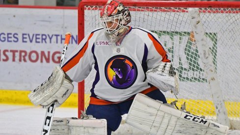 Ivan Kublakov waits for the puck to come to him as he is in the net.