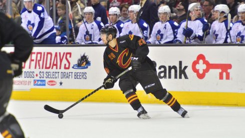 Oliver Bjorkstrand skates the puck up against the Toronto Marlies