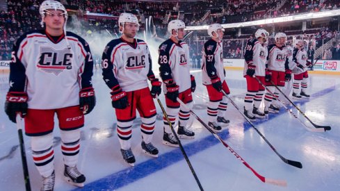 The Cleveland Monsters get ready during pre-game warm ups.
