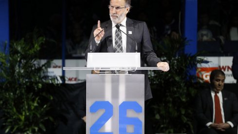 John Tortorella speaks as Martin St. Louis is being honored.