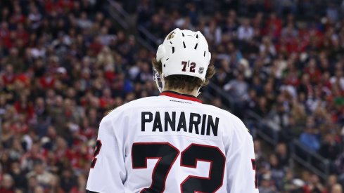 Artemi Panarin waits before the game starts at Nationwide Arena