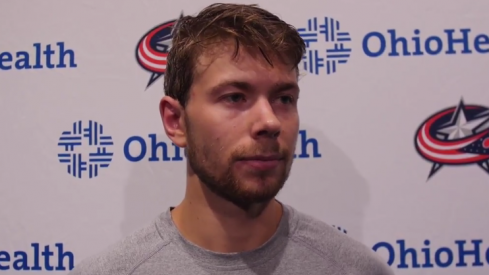 Oliver Bjorkstrand addresses the media at Blue Jackets training camp