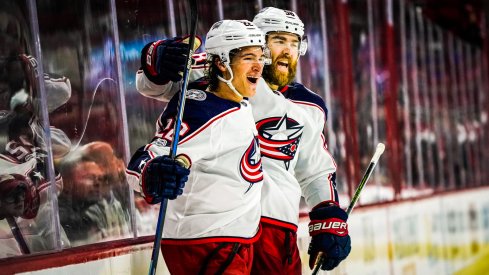 Sonny Milano celebrates a goal against the Carolina Hurricanes