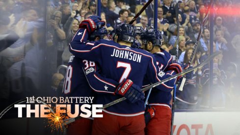 Blue Jackets celebrate a goal against the Kings 