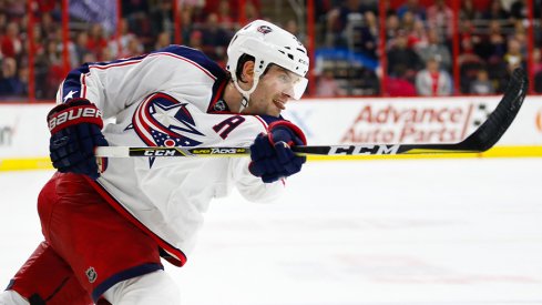 Boone Jenner takes a shot against the Carolina Hurricanes during the 2016-17 season