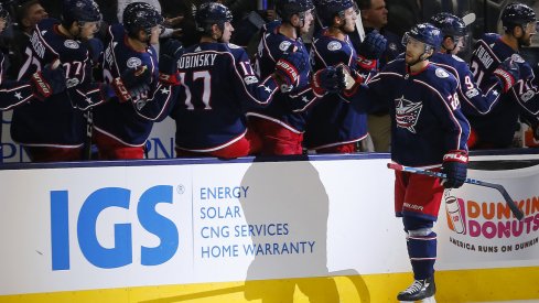 Oliver Bjorkstrand celebrates a power play goal against the Buffalo Sabres. 