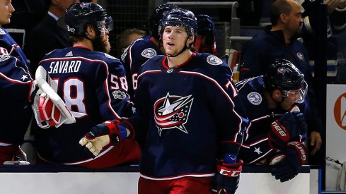 Josh Anderson celebrates a goal against the Buffalo Sabres at Nationwide Arena 