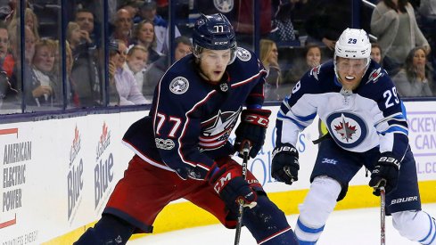 Josh Anderson skates with the puck before his game-winner in overtime against the Winnipeg Jets