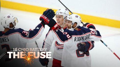 Blue Jackets forward Oliver Bjorkstrand celebrates a goal