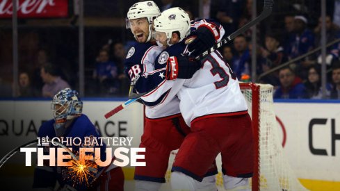 Blue Jackets celebrate a goal against the New York Rangers