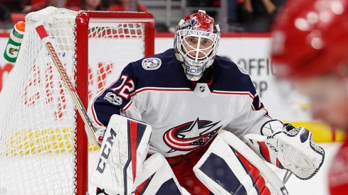Sergei Bobrovsky stares down Dylan Larkin as he skates down the wing for Detroit. 