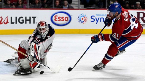 Sergei Bobrovsky makes a save against Paul Byron of the Montreal Canadiens