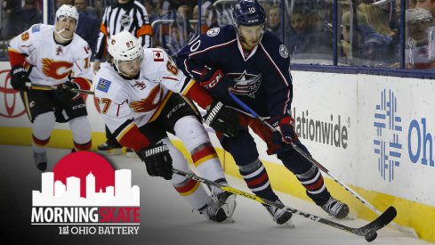 Michael Frolik chases down Alex Wennberg and push him off of the puck