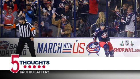 Blue Jackets forward Cam Atkinson celebrates a goal against the Ottawa Senators at Nationwide Arena