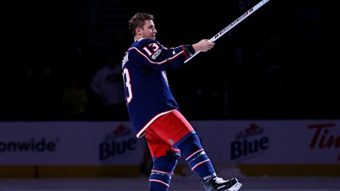 Cam Atkinson salutes the crowd after being named the game's first star in a Blue Jackets win over Ottawa