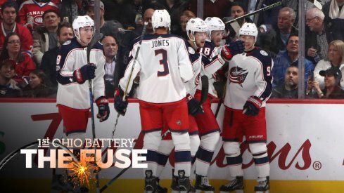 Blue Jackets celebrate a goal against the Montreal Canadiens