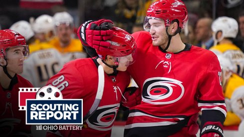 Brett Pesce and Teuvo Teravainen celebrate a goal for the Carolina Hurricanes