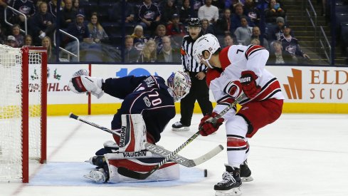 Joonas Korpisalo makes the penalty shot stop