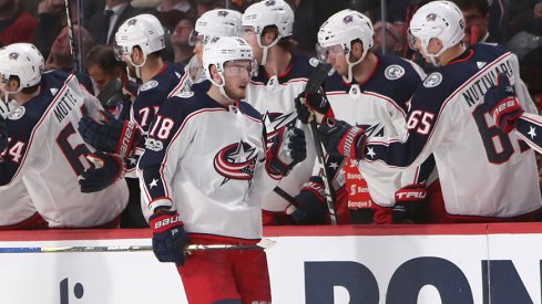 Pierre Luc Dubois celebrates a goal in his hometown of Montreal on Monday.