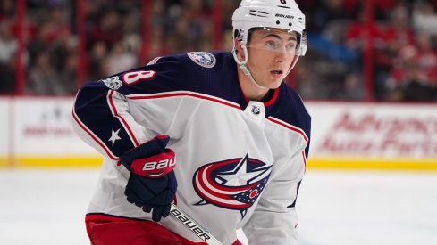 Zach Werenski waits for the puck during a game against the Canadiens