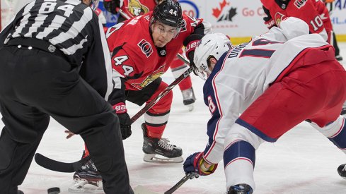 Pierre-Luc Dubois and Jean-Gabriel Pageau get set for a face off in the Blue Jackets loss to the Senators. 