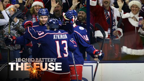 Blue Jackets celebrate a goal against the Maple Leafs