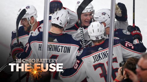 Blue Jackets celebrate a goal by Matt Calvert 