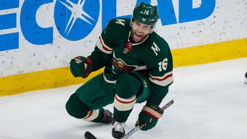 Jason Zucker celebrates a goal for the Minnesota Wild.