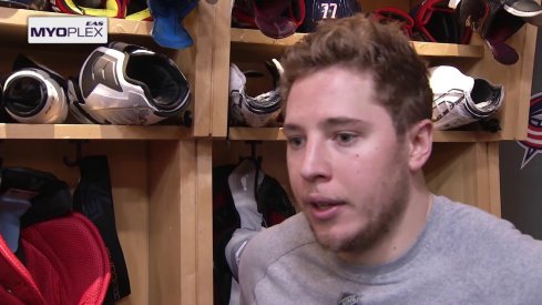 Cam Atkinson talks to the media after a shootout loss against the Minnesota Wild