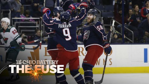 The Blue Jackets celebrate a goal scored by defenseman David Savard