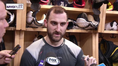 Nick Foligno talks to the press after a shootout loss against the Minnesota Wild