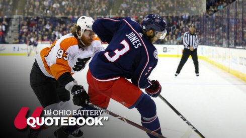 Seth Jones tries to skate away from the Flyers' Jakub Voracek