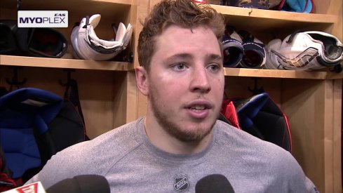 Cam Atkinson talks to the media after the Blue Jackets loss to the Penguins on Feb. 18