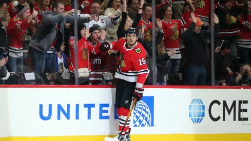 Artem Anisimov celebrates after scoring a goal for the Chicago Blackhawks