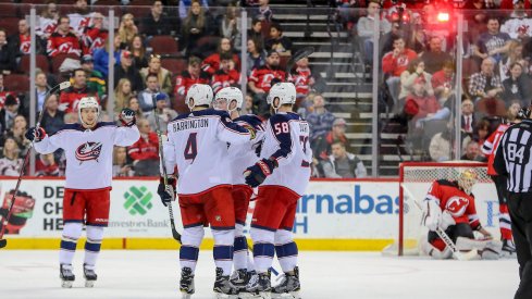 Blue Jackets celebrate a goal against New Jersey