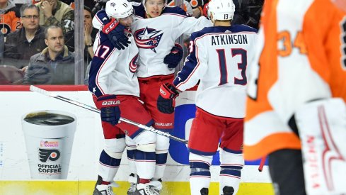 Artemi Panarin celebrate scoring against the Flyers 