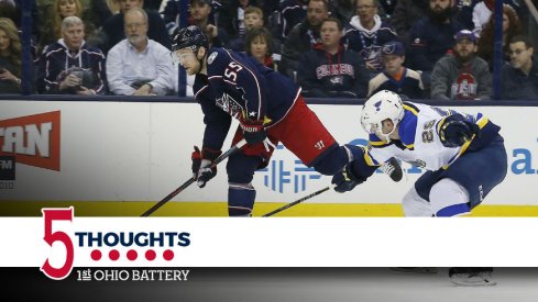 Mark Letestu takes a shot against the St. Louis Blues