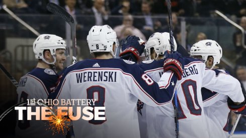 The Blue Jackets celebrate a goal against the New York Rangers.