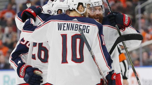 Blue Jackets celebrate a goal in Edmonton