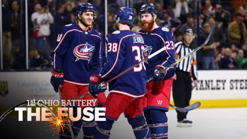 The Blue Jackets celebrate a goal against the Montreal Canadiens