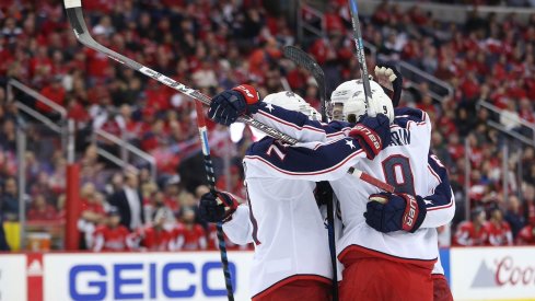Artemi Panarin and company celebrate a goal against the Washington Capitals during Game 2