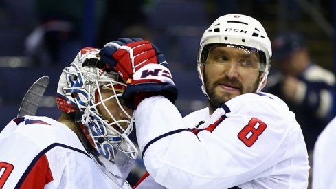 Alex Ovechkin celebrates his team's Game 4 win in Columbus.