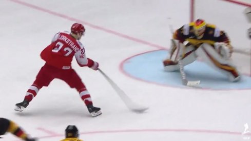 Oliver Bjorkstrand races in against Germany. 